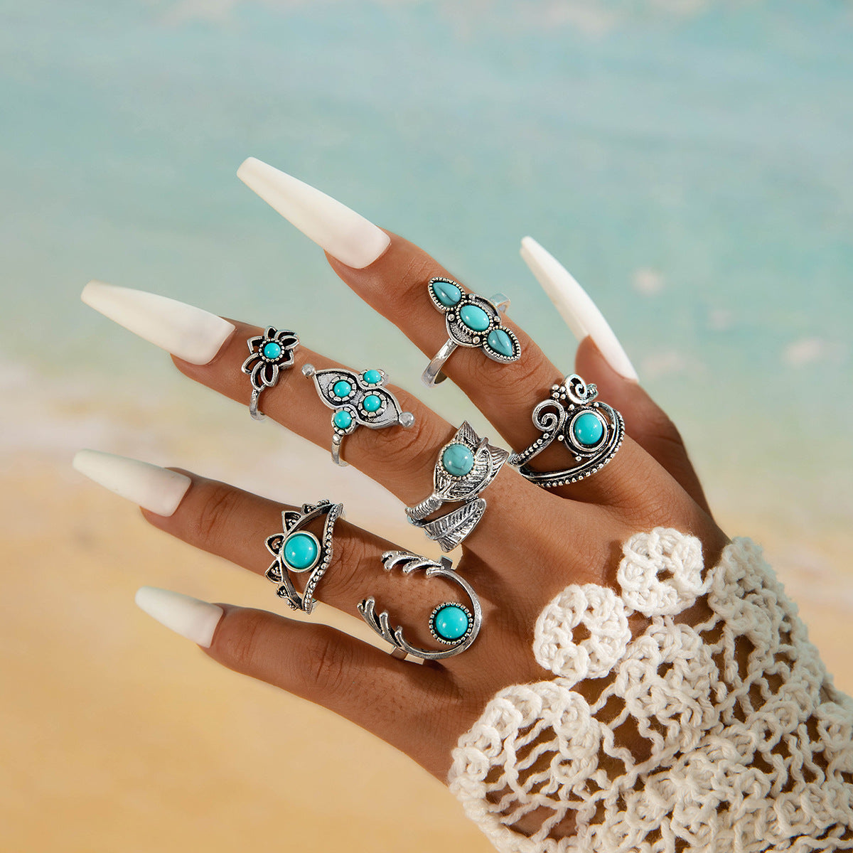 Wholesale new vintage ethnic style inlaid turquoise carved feather ring suit